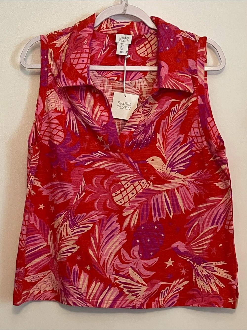 NWT Sigrid Olsen Sleeveless Pink Red, Hummingbirds, Tropical Print Tank Top L